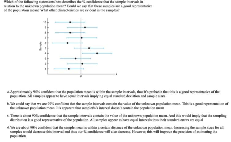 Which of the following statements best describes the % confidence that the sample intervals in
relation to the unknown population mean? Could we say that these samples are a good representative
of the population mean? What other characteristics are evident in the samples?
3
2
a. Approximately 95% confident that the population mean is within the sample intervals, thus it's probable that this is a good representative of the
population. All samples appear to have equal intervals implying equal standard deviation and sample sizes
b. We could say that we are 99% confident that the sample intervals contain the value of the unknown population mean. This is a good representation of
C There is about 90% confidence that the sample intervals contain the value of the unknown population mean. And this would imply that the sampling
distribution is a good representative of the population. All samples appear to have equal intervals thus their standard errors are equal
d. We are about 90% confident that the sample mean is within a certain distance of the unknown population mean. Increasing the sample sizes for all
samples would decrease this interval and thus our % confidence will also decrease. However, this will improve the precision of estimating the
population
Sample
