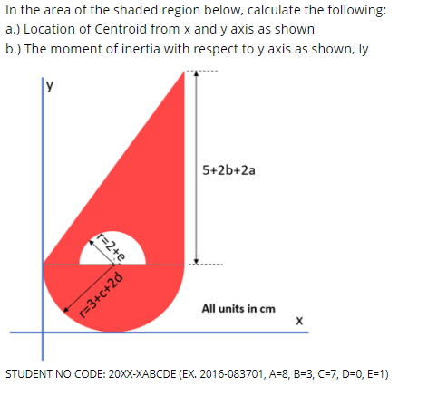 In the area of the shaded region below, calculate the following:
a.) Location of Centroid from x and y axis as shown
b.) The moment of inertia with respect to y axis as shown, ly
5+2b+2a
All units in cm
STUDENT NO CODE: 20XX-XABCDE (EX. 2016-083701, A=8, B=3, C-7, D=0, E-1)
r=2+e
r=3+c+2d

