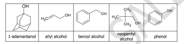 OH
CH3
но,
H3C
HO
но
H,C
CH3 OH
benzyl alcohol
neopentyl
alcohol
1-adamantanol
allyl alcohol
phenol

