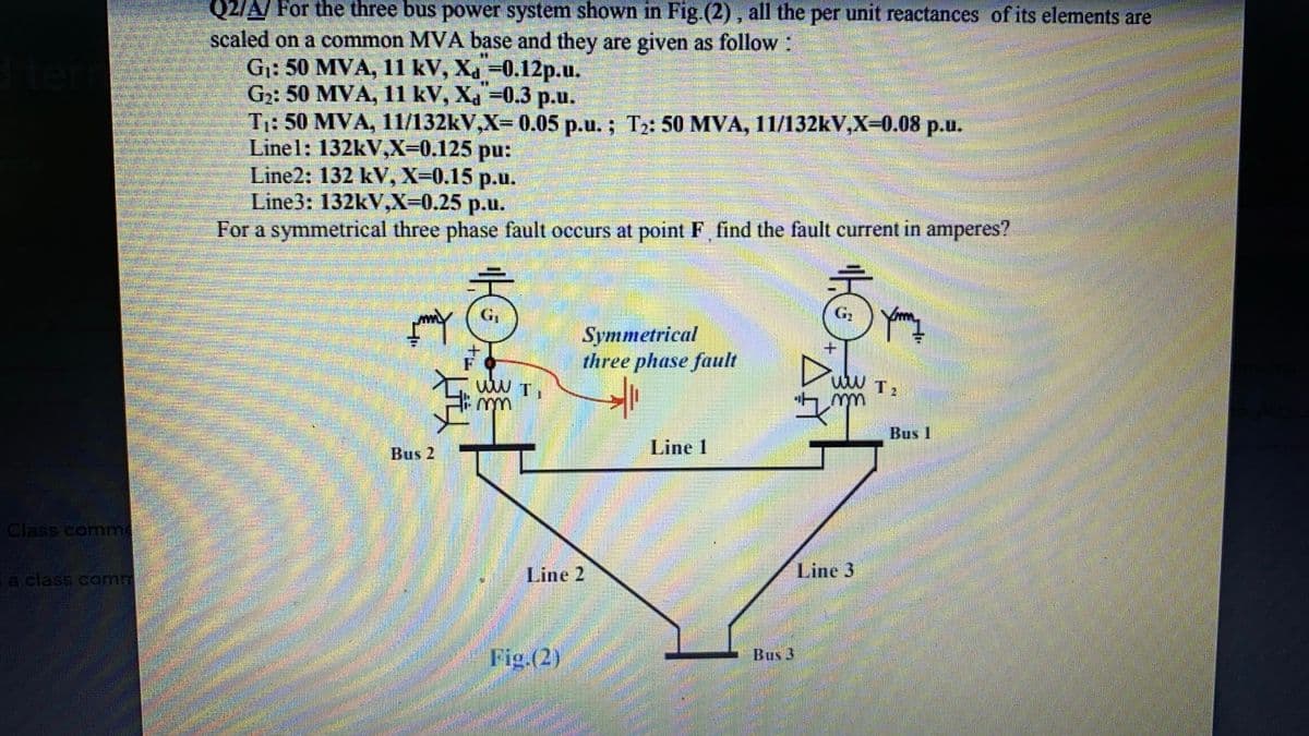Q2/A/ For the three bus power system shown in Fig.(2), all the per unit reactances of its elements are
scaled on a common MVA base and they are given as follow:
G: 50 MVA, 11 kV, Xa -0.12p.u.
G2: 50 MVA, 11 kV, Xa =0.3 p.u.
T: 50 MVA, 11/132kV,X= 0.05 p.u. ; T2: 50 MVA, 11/132kV,X%30.08 p.u.
Linel: 132kV,X%-0.125 pu:
Line2: 132 kV, X=0.15 p.u.
Line3: 132kV,X=0.25 p.u.
For a symmetrical three phase fault occurs at point F find the fault current in amperes?
Symmetrical
three phase fault
wW TI
W T.
Bus 1
Bus
Line 1
Class conmm
Ta class comm
Line 2
Line 3
Fig.(2)
Bus 3
10.3E
