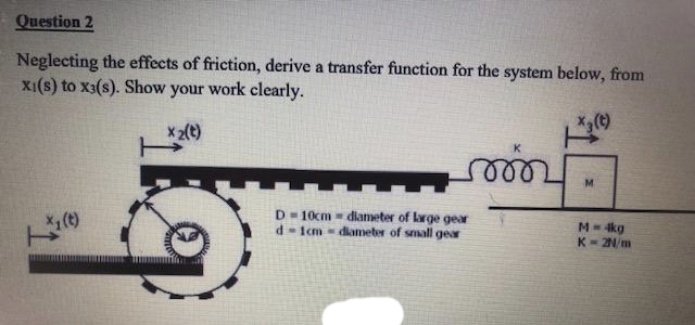 Question 2
Neglecting the effects of friction, derive a transfer function for the system below, from
XI(s) to X3(s). Show your work clearly.
x 2(t)
(6)
soor
(0)
D=10cm
diameter of large gear
d1cm diameter of small gear
M
M - 4kg
K-2N/m