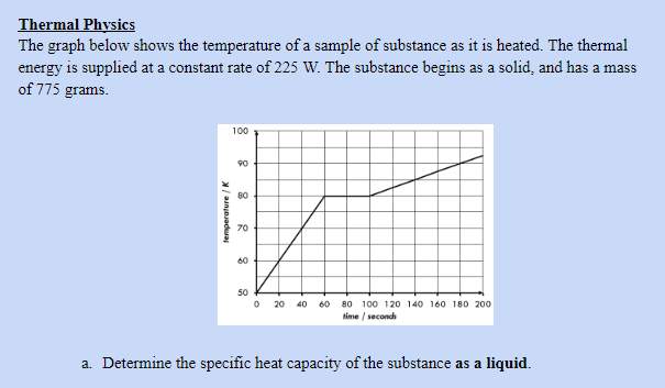 Thermal PhysicS
The graph below shows the temperature of a sample of substance as it is heated. The thermal
energy is supplied at a constant rate of 225 W. The substance begins as a solid, and has a mass
of 775 grams.
100
90
80
70
60
50
20
40 60 80 100 120 140 160 180 200
time / secondh
a. Determine the specific heat capacity of the substance as a liquid.
X/ aunpadua
