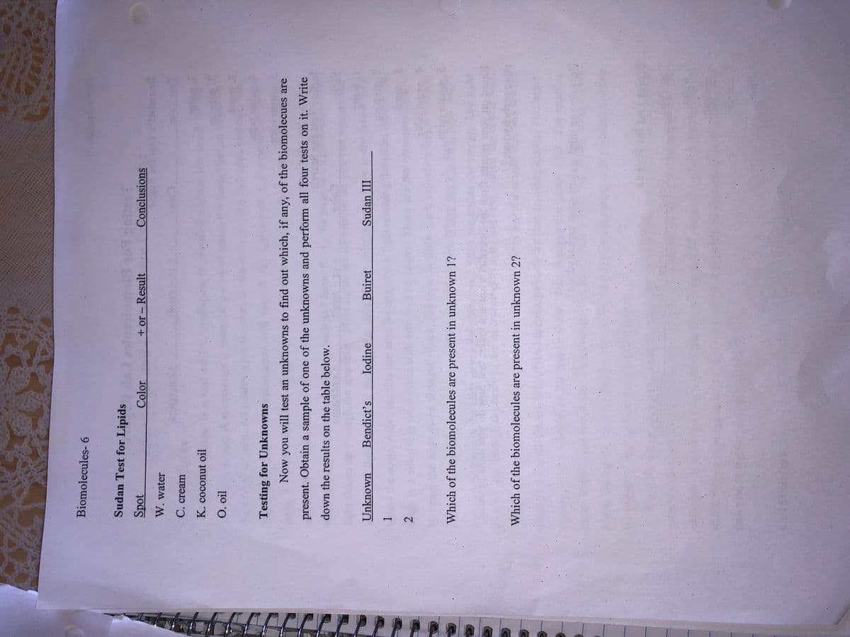 707
248
... 9100
52811
Biomolecules- 6
36677 9ST
Sudan Test for Lipids
Spot
W. water
Color
+ or - Result
|
C. cream
Conclusions
K. coconut oil
O. oil
Testing for Unknowns
Now you will test an unknowns to find out which, if any, of the biomolecues are
present. Obtain a sample of one of the unknowns and perform all four tests on it. Write
down the results on the table below.
Unknown
Bendict's
Iodine
Buiret
Sudan III
2.
Which of the biomolecules are present in unknown 1?
Which of the biomolecules are present in unknown 2?
