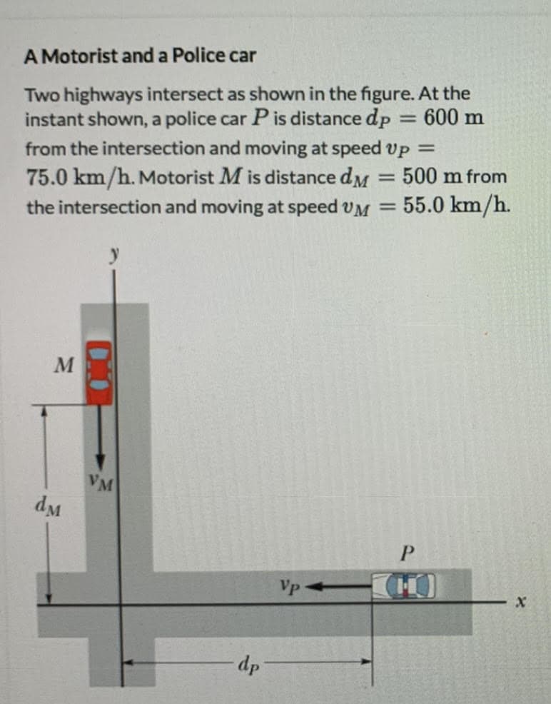 A Motorist and a Police car
Two highways intersect as shown in the figure. At the
instant shown, a police car P is distance dp = 600 m
from the intersection and moving at speed Up =
500 m from
75.0 km/h. Motorist M is distance dM
55.0 km/h.
the intersection and moving at speed UM
M
VM
dM
Vp
dp
