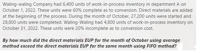Waling-waling Company had 6,400 units of work-in-process inventory in department A on
October 1, 2022. These units were 60% complete as to conversion. Direct materials are added
at the beginning of the process. During the month of October, 27,200 units were started and
28,800 units were completed. Waling-Waling had 4,800 units of work-in-process inventory on
October 31, 2022. These units were 20% incomplete as to conversion cost.
By how much did the direct materials EUP for the month of October using average
method exceed the direct materials EUP for the same month using FIFO method?
