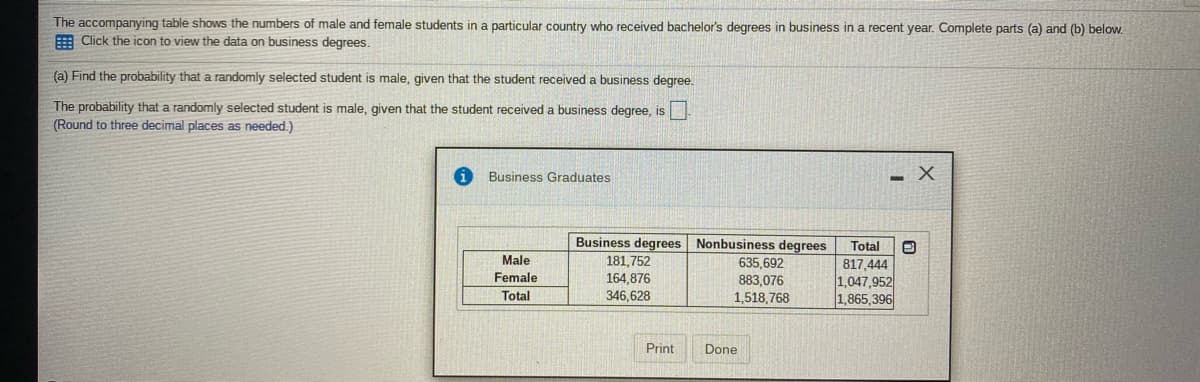 The accompanying table shows the numbers of male and female students in a particular country who received bachelor's degrees in business in a recent year. Complete parts (a) and (b) below.
E Click the icon to view the data on business degrees.
(a) Find the probability that a randomly selected student is male, given that the student received a business degree.
The probability that a randomly selected student is male, given that the student received a business degree, is
(Round to three decimal places as needed.)
Business Graduates
Business degrees Nonbusiness degrees
Total
181,752
164,876
346,628
Male
635,692
817,444
1,047,952
1,865,396
Female
883,076
Total
1,518,768
Print
Done
