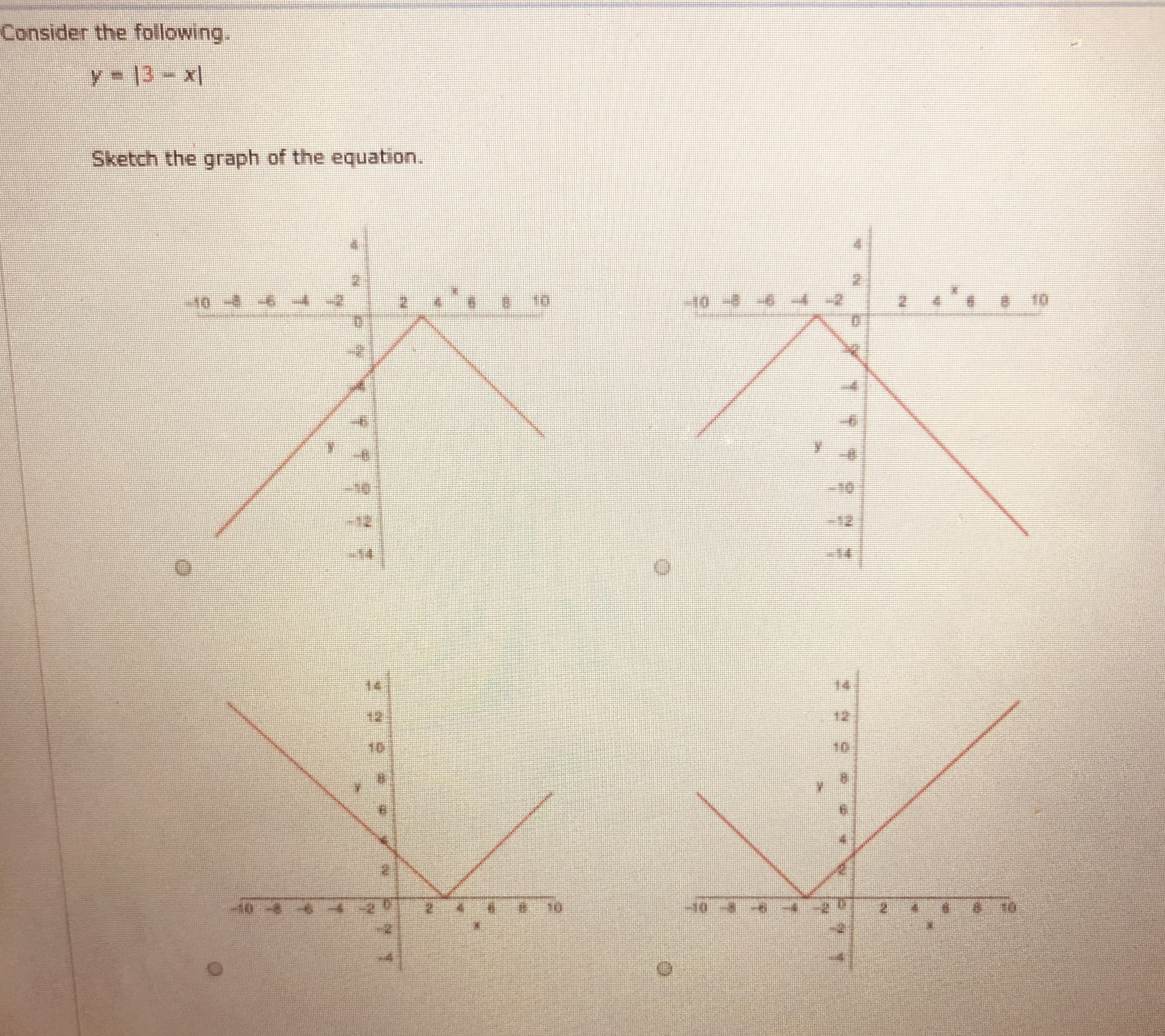 Consider the following.
A.
y= 13- x|
