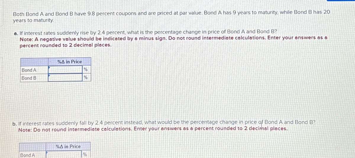 Both Bond A and Bond B have 9.8 percent coupons and are priced at par value. Bond A has 9 years to maturity, while Bond B has 20
years to maturity.
a. If interest rates suddenly rise by 2.4 percent, what is the percentage change in price of Bond A and Bond B?
Note: A negative value should be indicated by a minus sign. Do not round intermediate calculations. Enter your answers as a
percent rounded to 2 decimal places.
Bond A
Bond B
%A in Price
%
%
b. If interest rates suddenly fall by 2.4 percent instead, what would be the percentage change in price of Bond A and Bond B?
Note: Do not round intermediate calculations. Enter your answers as a percent rounded to 2 decimal places.
%A in Price
Bond A
%