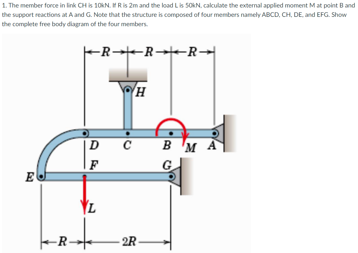 1. The member force in link CH is 10kN. If R is 2m and the load L is 50kN, calculate the external applied moment M at point B and
the support reactions at A and G. Note that the structure is composed of four members namely ABCD, CH, DE, and EFG. Show
the complete free body diagram of the four members.
FR R-teR→
D
B
'M A
F
G
E
R→
2R
