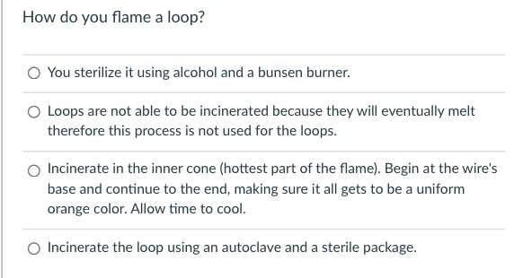 How do you flame a loop?
O You sterilize it using alcohol and a bunsen burner.
O Loops are not able to be incinerated because they will eventually melt
therefore this process is not used for the loops.
O Incinerate in the inner cone (hottest part of the flame). Begin at the wire's
base and continue to the end, making sure it all gets to be a uniform
orange color. Allow time to cool.
O Incinerate the loop using an autoclave and a sterile package.
