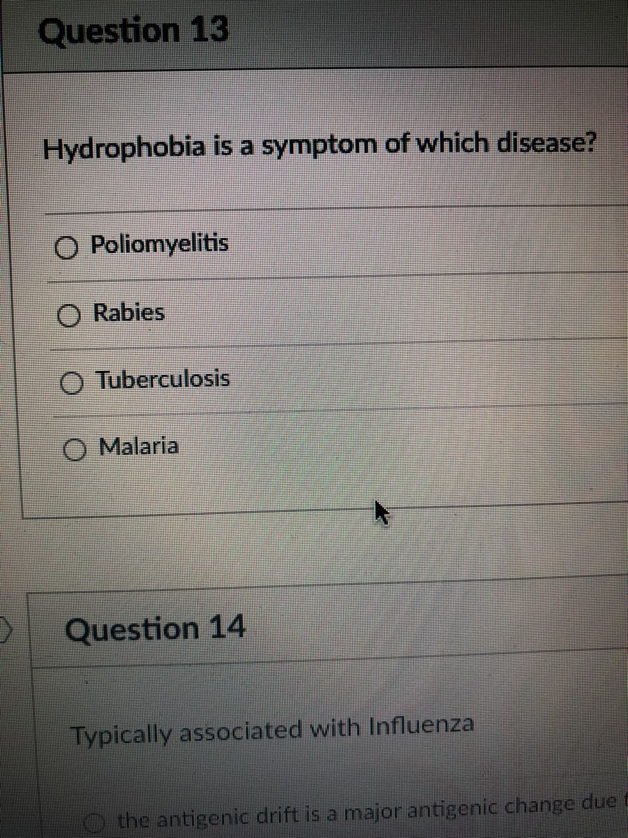 Question 13
Hydrophobia is a symptom of which disease?
O Poliomyelitis
O Rabies
O Tuberculosis
O Malaria
Question 14
Typically associated with Influenza
the antigenic drift is a major antigenic change due E
