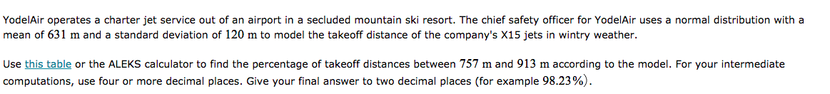 YodelAir operates a charter jet service out of an airport in a secluded mountain ski resort. The chief safety officer for YodelAir uses a normal distribution with a
mean of 631 m and a standard deviation of 120 m to model the takeoff distance of the company's X15 jets in wintry weather.
Use this table or the ALEKS calculator to find the percentage of takeoff distances between 757 m and 913 m according to the model. For your intermediate
computations, use four or more decimal places. Give your final answer to two decimal places (for example 98.23%).
