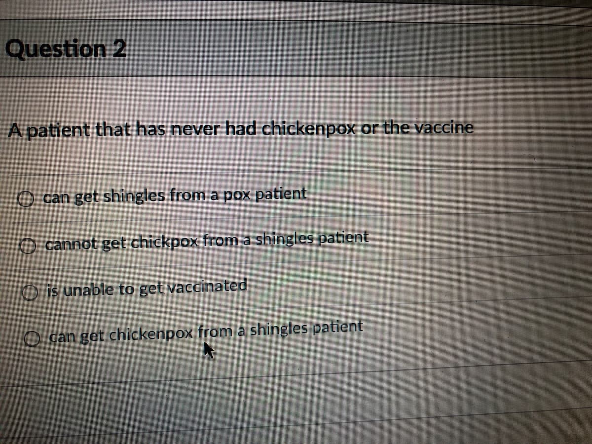 Question 2
A patient that has never had chickenpox or the vaccine
can get shingles from a pox patient
O cannot get chickpox from a shingles patient
O is unable to get vaccinated
O can get chickenpox from a shingles patient
