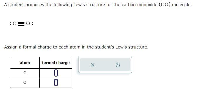 A student proposes the following Lewis structure for the carbon monoxide (CO) molecule.
:CO:
Assign a formal charge to each atom in the student's Lewis structure.
atom
C
0
formal charge
00
X