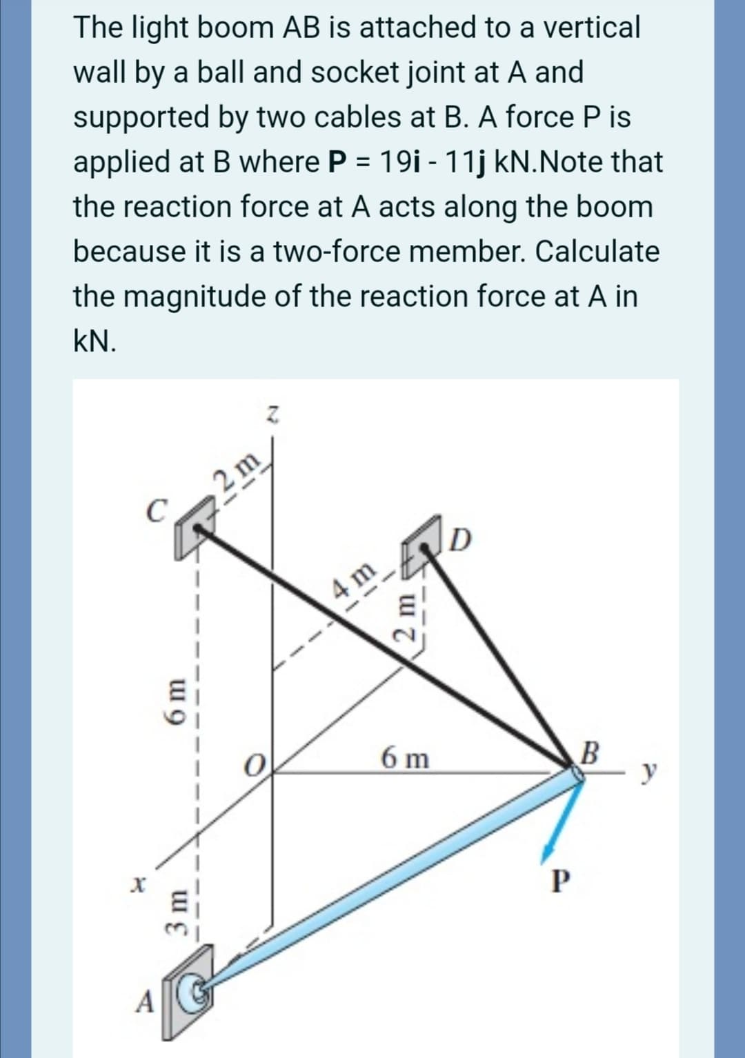 The light boom AB is attached to a vertical
wall by a ball and socket joint at A and
supported by two cables at B. A force P is
applied at B where P = 19i - 11j kN.Note that
%3D
the reaction force at A acts along the boom
because it is a two-force member. Calculate
the magnitude of the reaction force at A in
kN.
2 m
D
4 m
6 m
B
y
P
A
3 m
6 m
2 m

