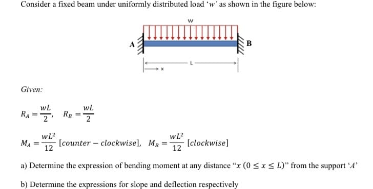 Consider a fixed beam under uniformly distributed load 'w' as shown in the figure below:
B
Given:
wL
wL
RA = Rg =
2'
2
wl?
[counter – clockwise], MB
wL?
[clockwise]
MA
12
a) Determine the expression of bending moment at any distance "x (0 < x < L)" from the support 'A'
b) Determine the expressions for slope and deflection respectively
