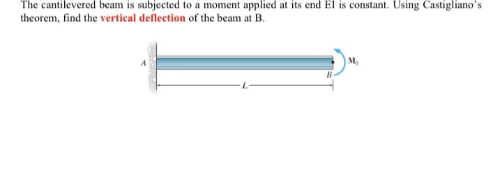 The cantilevered beam is subjected to a moment applied at its end EI is constant. Using Castigliano's
theorem, find the vertical deflection of the beam at B.
M
7.
