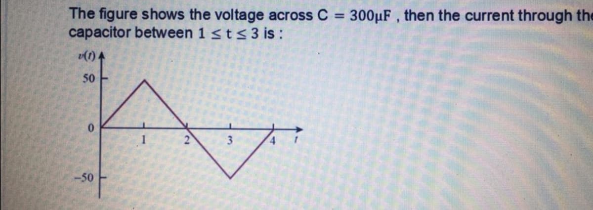 The figure shows the voltage across C = 300µF , then the current through the
capacitor between 1 st<3 is :
%3D
50
-50
