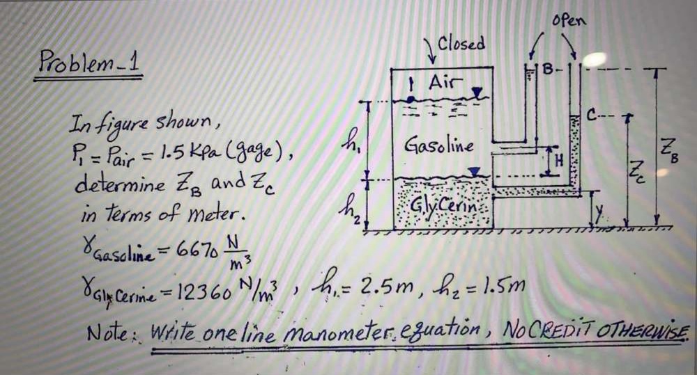 OPen
Problem-1
Closed
B-
}Air
In figure shown,
R= Pair = l.5 Kpa (gage),
determine Za and Ze
in terms of meter.
8aaseline = 6670 N
Gasoline
%3D
Glycer
m3
SGiy Cerime = 12360 Nm , h,= 2.5m, he = 1.5m
Note: Write one line manometer.ezuation, NOCREDIT OTHERWISE
to
