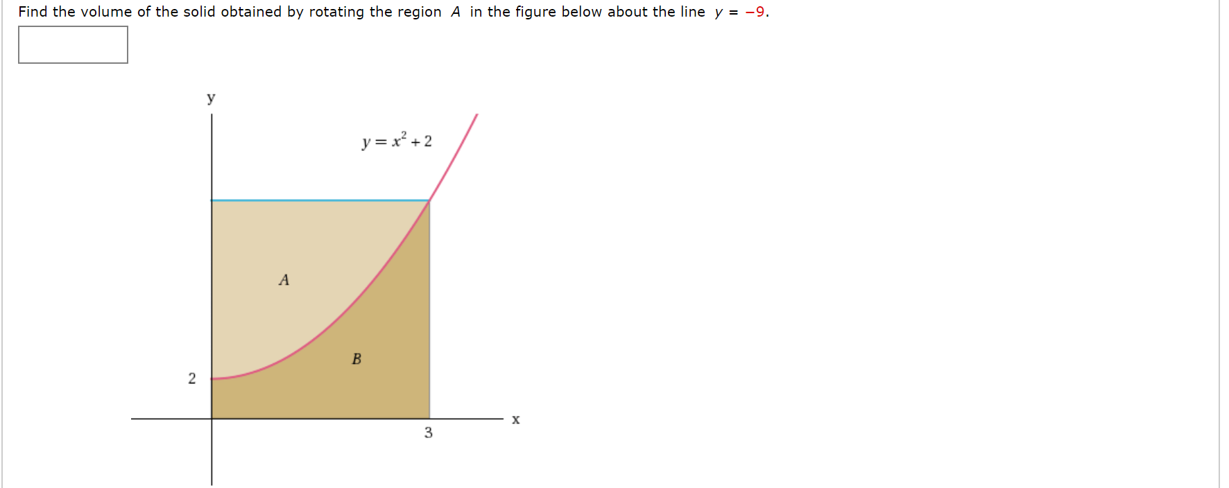 Find the volume of the solid obtained by rotating the region A in the figure below about the line y = -9.
y
y = x² + 2
A
B
