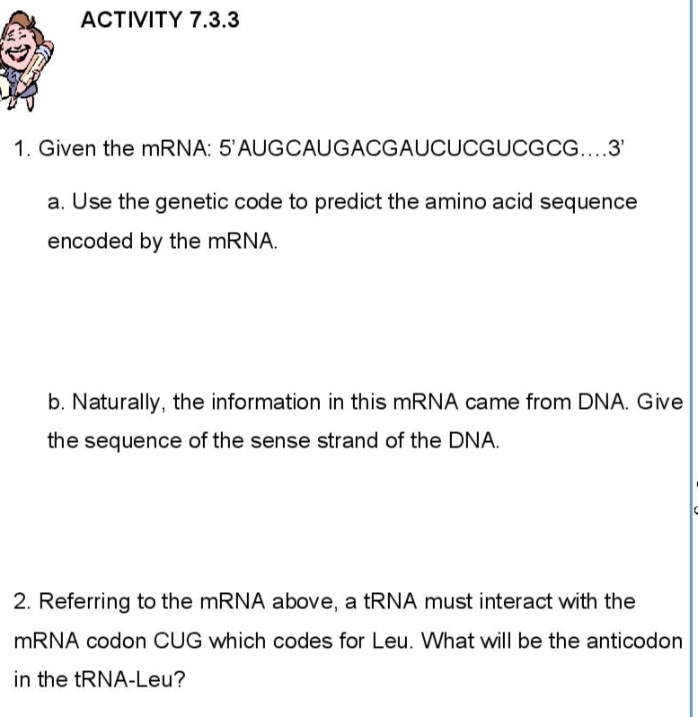 ACTIVITY 7.3.3
1. Given the MRNA: 5'AUGCAUGACGAUCUCGUCGCG....3'
a. Use the genetic code to predict the amino acid sequence
encoded by the mRNA.
b. Naturally, the information in this MRNA came from DNA. Give
the sequence of the sense strand of the DNA.
2. Referring to the mRNA above, a tRNA must interact with the
MRNA codon CUG which codes for Leu. What will be the anticodon
in the TRNA-Leu?
