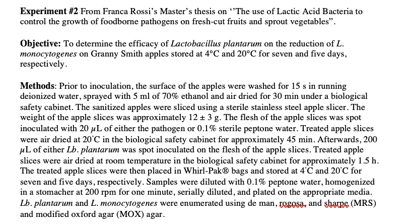 Experiment #2 From Franca Rossi's Master's thesis on "The use of Lactic Acid Bacteria to
control the growth of foodborne pathogens on fresh-cut fruits and sprout vegetables".
Objective: To determine the efficacy of Lactobacillus plantarum on the reduction of L.
monocytogenes on Granny Smith apples stored at 4°C and 20°C for seven and five days,
respectively.
Methods: Prior to inoculation, the surface of the apples were washed for 15 s in running
deionized water, sprayed with 5 ml of 70% ethanol and air dried for 30 min under a biological
safety cabinet. The sanitized apples were sliced using a sterile stainless steel apple slicer. The
weight of the apple slices was approximately 12 + 3 g. The flesh of the apple slices was spot
inoculated with 20 µL of either the pathogen or 0.1% sterile peptone water. Treated apple slices
were air dried at 20°C in the biological safety cabinet for approximately 45 min. Afterwards, 200
µL of either Lb. plantarum was spot inoculated on the flesh of the apple slices. Treated apple
slices were air dried at room temperature in the biological safety cabinet for approximately 1.5 h.
The treated apple slices were then placed in Whirl-Pak® bags and stored at 4°C and 20'C for
seven and five days, respectively. Samples were diluted with 0.1% peptone water, homogenized
in a stomacher at 200 rpm for one minute, serially diluted, and plated on the appropriate media.
Lb. plantarum and L. monocytogenes were enumerated using de man, rogosa, and şsharne (MRS)
and modified oxford agar (MOX) agar.
