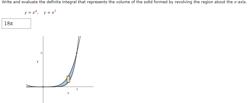 Write and evaluate the definite integral that represents the volume of the solid formed by revolving the region about the x-axis.
y = x+, y = x7
187
1-
y

