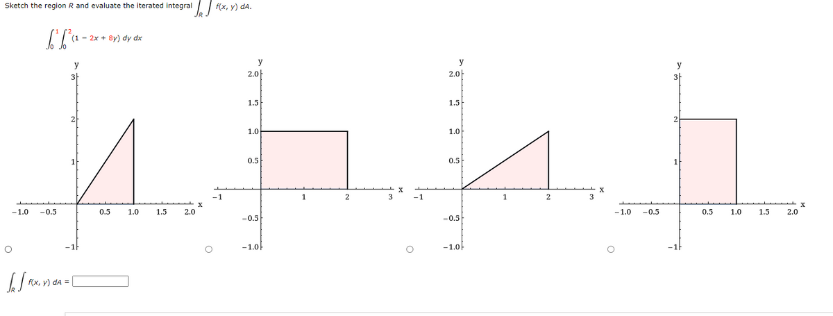 1 F(x, y) dA.
Sketch the region R and evaluate the iterated integral
(1 - 2x + 8y) dy dx
y
y
y
y
2.0
2.0|
1.5
1.5
1.0
1.0
0.5
0,5
-1
1
-1
1
2
3
X
-1.0
-0.5
0.5
1.0
1.5
2.0
-1.0
-0.5
0,5
1.0
1.5
2.0
-0.5
-0.5
-1.0-
-1.0
y) dA =
