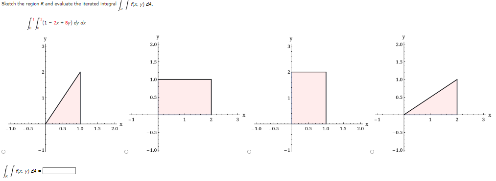 Sketch the region R and evaluate the iterated integral | Rx, y) dA.
- 2x + 8y) dy dx
y
2.0-
2.0
1.5
1.5
1.0
1.0-
0.5
0.5
-1
1
-1.0
-0.5
0.5
1.0
1.5
2.0
-1.0
-0.5
0.5
1.0
1.5
2.0
-0.5
-0.5-
-1.0
-1.0
