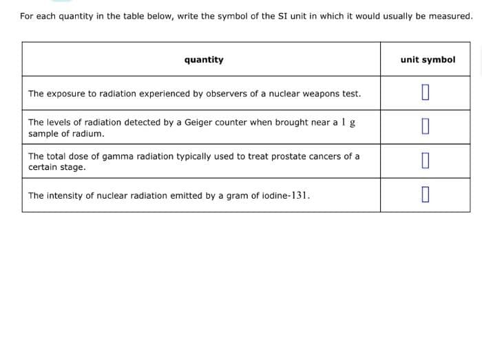 For each quantity in the table below, write the symbol of the SI unit in which it would usually be measured.
quantity
unit symbol
The exposure to radiation experienced by observers of a nuclear weapons test.
0
The levels of radiation detected by a Geiger counter when brought near a 1 g
sample of radium.
0
The total dose of gamma radiation typically used to treat prostate cancers of a
certain stage.
0
The intensity of nuclear radiation emitted by a gram of iodine-131.
0