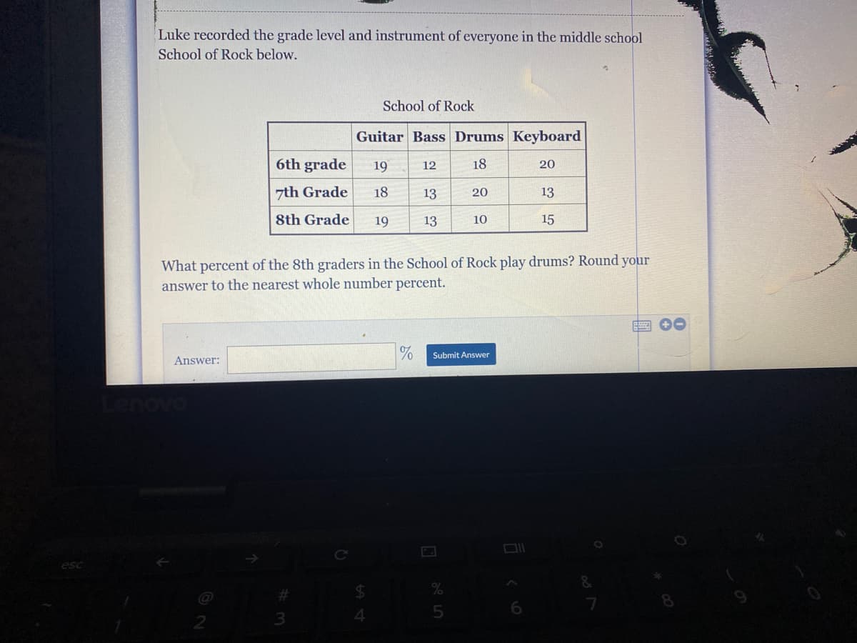 Luke recorded the grade level and instrument of everyone in the middle school
School of Rock below.
School of Rock
Guitar Bass Drums Keyboard
6th grade
19
12
18
20
7th Grade
18
13
20
13
8th Grade
19
13
10
15
What percent of the 8th graders in the School of Rock play drums? Round your
answer to the nearest whole number percent.
Submit Answer
Answer:
6.
4.
