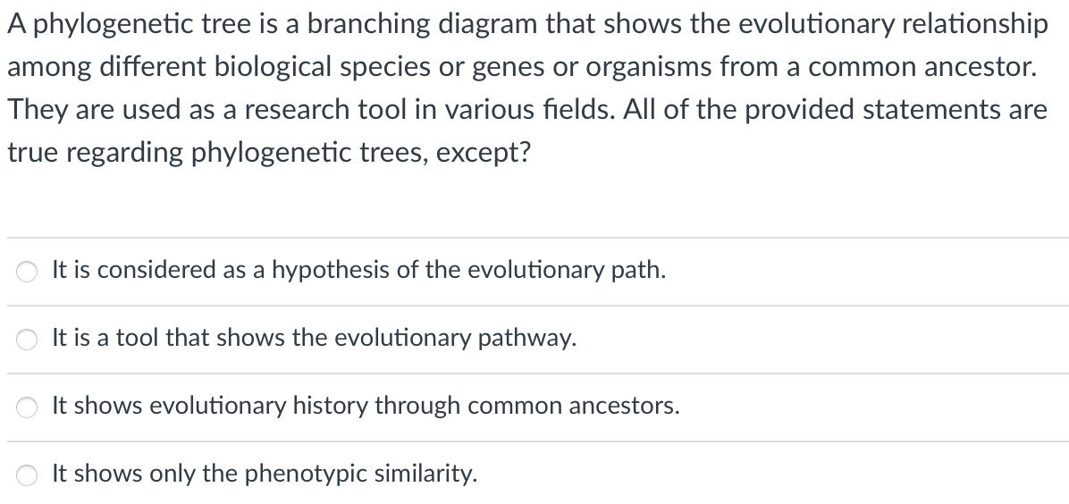 A phylogenetic tree is a branching diagram that shows the evolutionary relationship
among different biological species or genes or organisms from a common ancestor.
They are used as a research tool in various fields. All of the provided statements are
true regarding phylogenetic trees, except?
It is considered as a hypothesis of the evolutionary path.
It is a tool that shows the evolutionary pathway.
It shows evolutionary history through common ancestors.
It shows only the phenotypic similarity.

