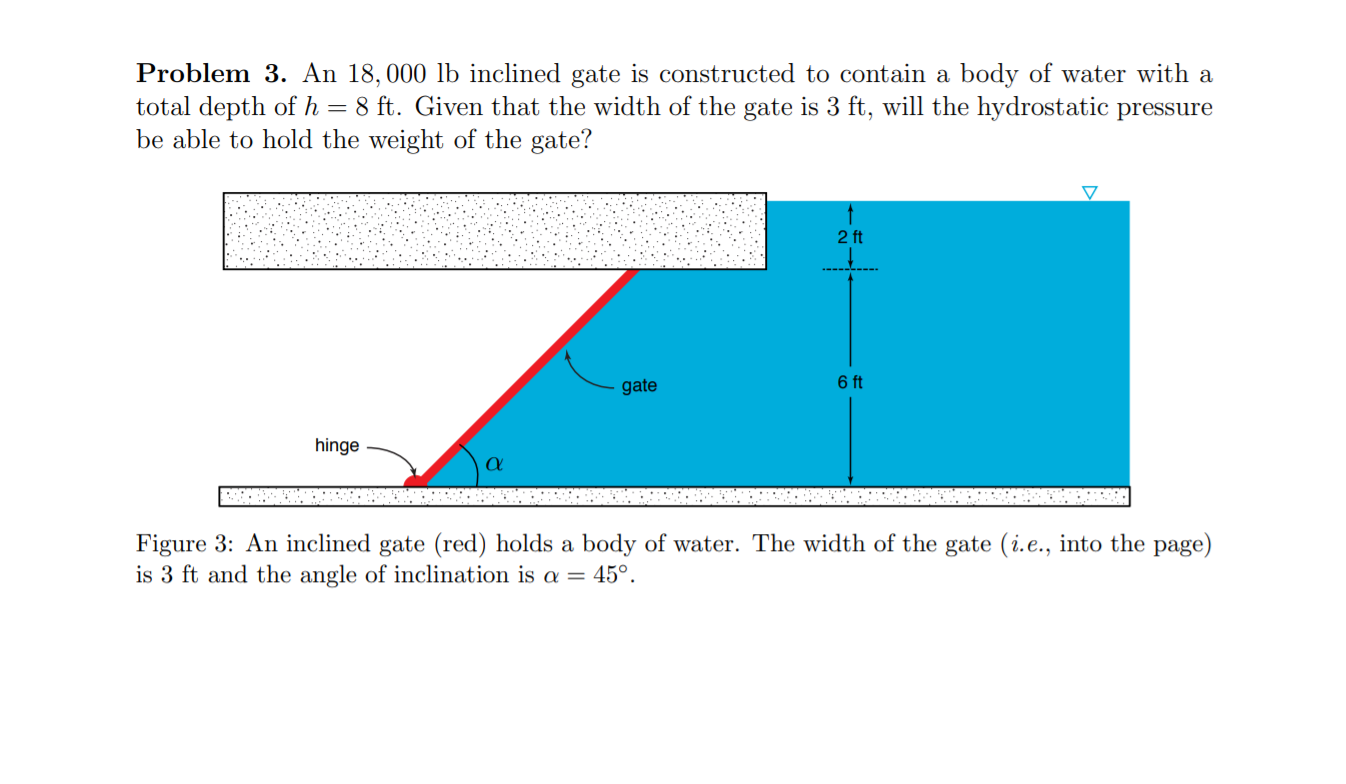 Problem 3. An 18,000 lb inclined gate is constructed to contain a body of water with a
total depth of h = 8 ft. Given that the width of the gate is 3 ft, will the hydrostatic pressure
be able to hold the weight of the gate?
2 ft
6 ft
gate
hinge
Figure 3: An inclined gate (red) holds a body of water. The width of the gate (i.e., into the page)
is 3 ft and the angle of inclination is a = 45°.
