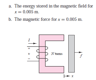 a. The energy stored in the magnetic field for
x = 0.005 m.
b. The magnetic force for x = 0.005 m.
N turns
