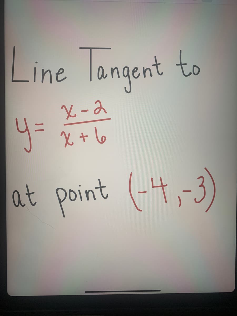 Line Tangent to
X-2
y=
X + 6
at point (-4,-3)
