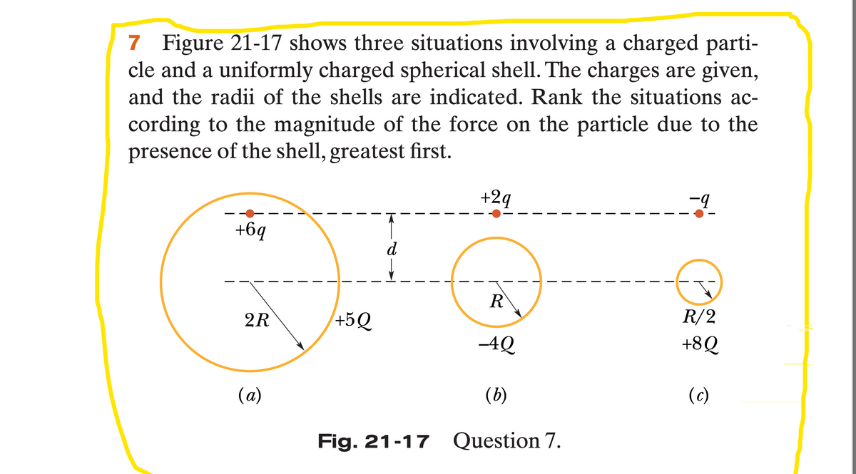 7 Figure 21-17 shows three situations involving a charged parti-
cle and a uniformly charged spherical shell. The charges are given,
and the radii of the shells are indicated. Rank the situations ac-
cording to the magnitude of the force on the particle due to the
presence of the shell, greatest first.
+2q
b-
+6q
d
R
2R
+5Q
R/2
-4Q
+8Q
(a)
(b)
(c)
Fig. 21-17 Question 7.
