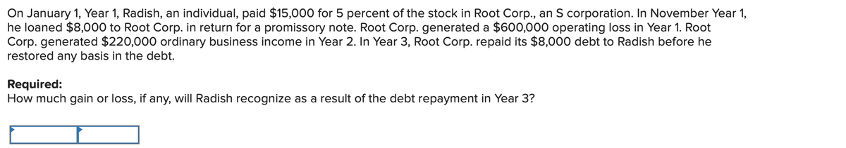 On January 1, Year 1, Radish, an individual, paid $15,000 for 5 percent of the stock in Root Corp., an S corporation. In November Year 1,
he loaned $8,000 to Root Corp. in return for a promissory note. Root Corp. generated a $600,000 operating loss in Year 1. Root
Corp. generated $220,000 ordinary business income in Year 2. In Year 3, Root Corp. repaid its $8,000 debt to Radish before he
restored any basis in the debt.
Required:
How much gain or loss, if any, will Radish recognize as a result of the debt repayment in Year 3?
