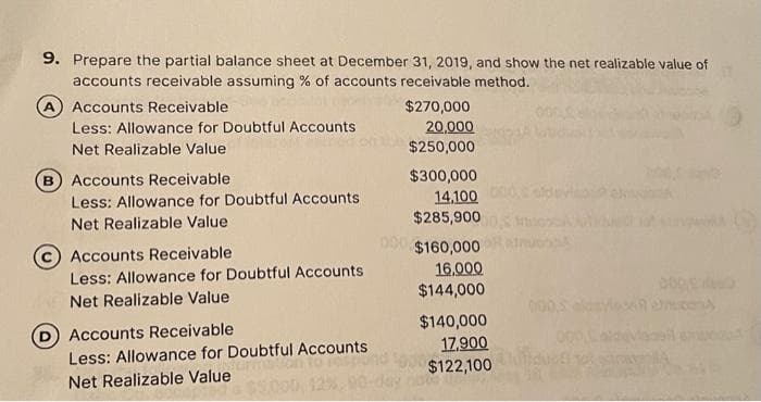 9. Prepare the partial balance sheet at December 31, 2019, and show the net realizable value of
accounts receivable assuming % of accounts receivable method.
A) Accounts Receivable
$270,000
20,000
$250,000
Less: Allowance for Doubtful Accounts
Net Realizable Value
B Accounts Receivable
Less: Allowance for Doubtful Accounts
$300,000
14,100
$285,900
Net Realizable Value
000 $160,000
Accounts Receivable
16,000
$144,000
Less: Allowance for Doubtful Accounts
Net Realizable Value
$140,000
17,900
$122,100
Accounts Receivable
Less: Allowance for Doubtful Accounts
Net Realizable Value
