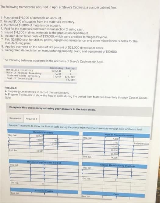 The following transactions occurred in April at Steve's Cabinets, a custom cabinet firm.
1. Purchased $19,000 of materials on account.
2. Issued $1,100 of supplies from the materials inventory.
3. Purchased $11,800 of materials on account.
4. Paid for the materials purchased in transaction (1) using cash.
5. Issued $14,200 in direct materials to the production department.
6. Incurred direct labor costs of $23,000, which were credited to Wages Payable.
7. Paid $21,800 cash for utilities, power, equipment maintenance, and other miscellaneous items for the
manufacturing plant.
8. Applied overhead on the basis of 125 percent of $23,000 direct labor costs.
9. Recognized depreciation on manufacturing property, plant, and equipment of $10,600.
The following balances appeared in the accounts of Steve's Cabinets for April.
Deginning Ending
$30,540
Materials Inventory
Mork-in-Process Inventory
Tinished Goods Inventory
Cont of Goods sold
7,200
33,800
$28,940
53,50
Required:
a. Prepare journal entries to record the transactions.
b. Prepare T-accounts to show the flow of costs during the period from Materials Inventory through Cost of Goods
Sold.
Complete this question by entering your answers in the tabs below.
Required A
Required B
Prepare T-accounts to show the flow of costs during the period from Materials Inventory through Cost of Goods Sold
Materials Inventory
Work-in Process inventory
7.200
Beg. bal
30,540
Beg bal
19.000
1,100 2
1,100
Finshed Good
11.800
14,2006
14.200
28,750
End. bal
46.040
23,000
End. bal
74,205
Manufacturing Overhead Centrol
Applied Manufacturing Overhead
eg bal,
Beg bal
End bal
End bel
Accounts Payabla
Cash
Bea tal
Bea bal
