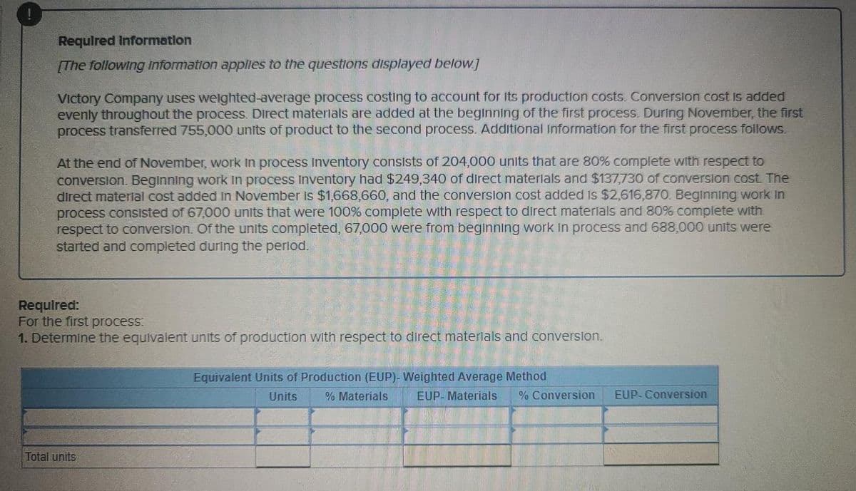 Required Informatlon
[The following information applles to the questions displayed below]
Victory Company uses welghted-average process costing to account for its production costs. Conversion cost is added
evenly throughout the process. Direct materials are added at the beginning of the first process. During November, the first
process transferred 755,000 units of product to the second process. Additional Information for the first process follows.
At the end of November, work in process inventory consists of 204,000 units that are 80% complete with respect to
conversion. Beginning work in process Inventory had $249,340 of direct materlals and $137,730 of conversion cost. The
direct material cost added in November Is $1,668,660, and the conversion cost added is $2,616,870 Beginning work in
process consisted of 67,000 units that were 100% complete with respect to direct materials and 80% complete with
respect to conversion. Of the units completed, 67,000 were from beginning work in process and 688,000 units were
started and completed during the perlod.
Required:
For the first process.
1. Determine the equivalent units of production with respect to direct materials and converslon.
Equivalent Units of Production (EUP)- Weighted Average Method
Units
% Materials
EUP- Materials
% Conversion
EUP-Conversion
Total units
