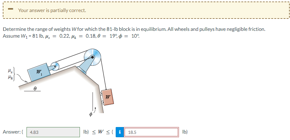 Your answer is partially correct.
Determine the range of weights W for which the 81-lb block is in equilibrium. All wheels and pulleys have negligible friction.
Assume W₁ = 81 lb, μ = 0.22, k = 0.18,0 = 19%, p = 10%
Hk
Ꮎ
Answer: ( 4.83
1
W
lb) ≤ W≤ ( i 18.5
lb)