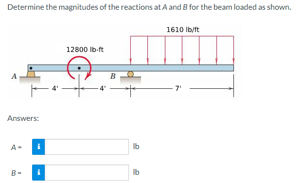 Determine the magnitudes of the reactions at A and B for the beam loaded as shown.
Answers:
A =
B =
i
4'
12800 lb-ft
B
lb
lb
1610 lb/ft
7'