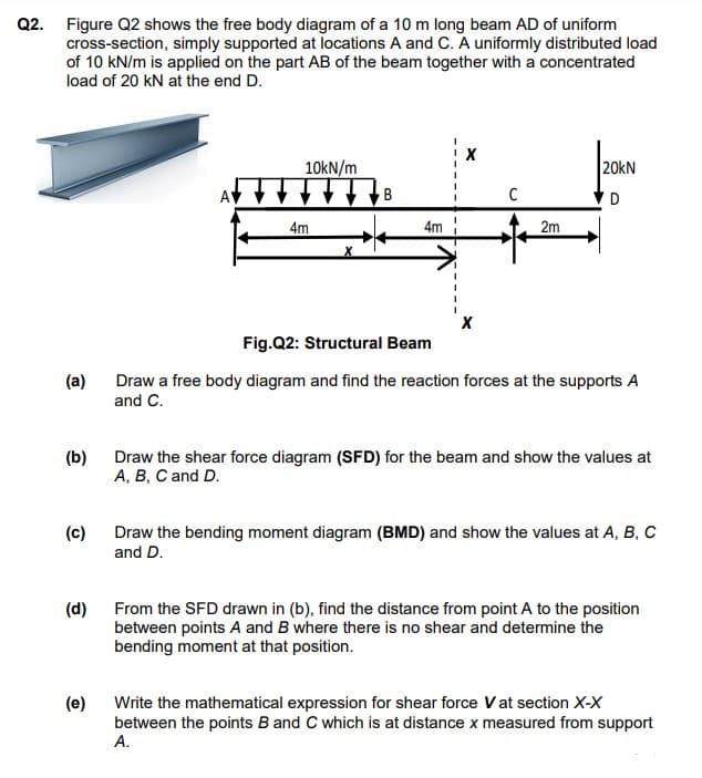 Q2. Figure Q2 shows the free body diagram of a 10 m long beam AD of uniform
cross-section, simply supported at locations A and C. A uniformly distributed load
of 10 kN/m is applied on the part AB of the beam together with a concentrated
load of 20 kN at the end D.
10KN/m
20kN
AV
B
C
D
4m
4m :
2m
Fig.Q2: Structural Beam
(a)
Draw a free body diagram and find the reaction forces at the supports A
and C.
(b) Draw the shear force diagram (SFD) for the beam and show the values at
A, B, C and D.
(c) Draw the bending moment diagram (BMD) and show the values at A, B, C
and D.
(d) From the SFD drawn in (b), find the distance from point A to the position
between points A and B where there is no shear and determine the
bending moment at that position.
(e)
Write the mathematical expression for shear force Vat section X-X
between the points B and C which is at distance x measured from support
А.
