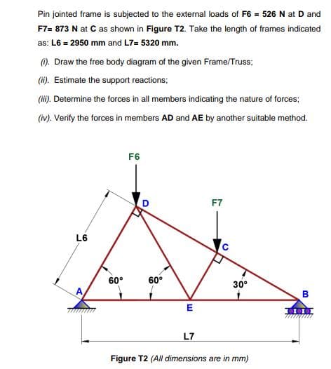 Pin jointed frame is subjected to the external loads of F6 = 526 N at D and
F7= 873 N at C as shown in Figure T2. Take the length of frames indicated
as: L6 = 2950 mm and L7= 5320 mm.
). Draw the free body diagram of the given Frame/Truss;
(i). Estimate the support reactions;
(ii). Determine the forces in all members indicating the nature of forces;
(iv). Verify the forces in members AD and AE by another suitable method.
F6
F7
L6
60°
60°
30°
A
L7
Figure T2 (All dimensions are in mm)
B.
