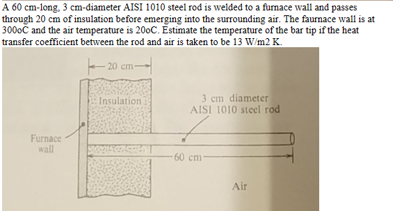 A 60 cm-long, 3 cm-diameter AISI 1010 steel rod is welded to a furnace wall and passes
through 20 cm of insulation before emerging into the surrounding air. The faurnace wall is at
3000C and the air temperature is 200C. Estimate the temperature of the bar tip if the heat
transfer coefficient between the rod and air is taken to be 13 W/m2 K.
Furnace
wall
-20 cm-
Insulation
3 cm diameter
AISI 1010 steel rod
60 cm
Air