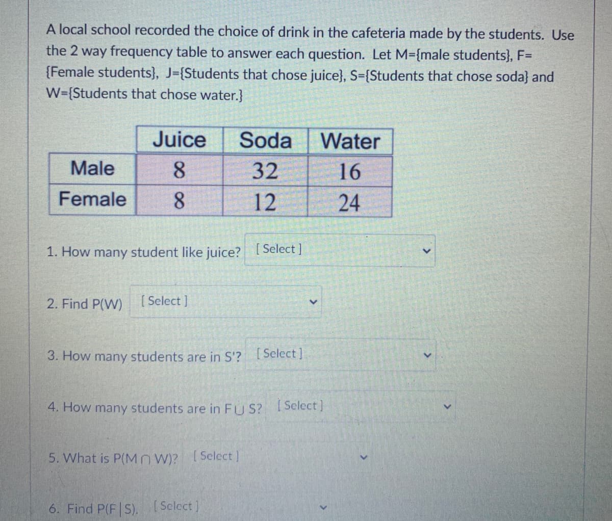 A local school recorded the choice of drink in the cafeteria made by the students. Use
the 2 way frequency table to answer each question. Let M-{male students}, F=
{Female students}, J={Students that chose juice}, S={Students that chose soda} and
W={Students that chose water.}
Juice
Soda
Water
Male
8.
32
16
Female
8
12
24
1. How many student like juice? [Select ]
2. Find P(W)
( Select ]
3. How many students are in S'? [Select]
4. How many students are in FU S? ISelect]
5. What is P(MO W)? (Select]
6. Find P(F|S). (Select]
