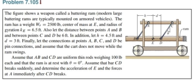 Problem 7.105 I
The figure shows a weapon called a battering ram (modern large
battering rams are typically mounted on armored vehicles). The
ram has a weight W, = 2500 lb, center of mass at E, and radius of
gyration kg = 6.5 ft. Also let the distance between points A and B
and between points C and D be 6 ft. In addition, let h = 4.5 ft and
d = 3 ft. Finally, let the connections at points A, B, C, and D be
pin connections, and assume that the cart does not move while the
ram swings.
Assume that AB and CD are uniform thin rods weighing 100 lb
each and that the ram is at rest with = 0°. Assume that bar CD
ram
E D
breaks suddenly, and determine the acceleration of E and the forces
at A immediately after CD breaks.
