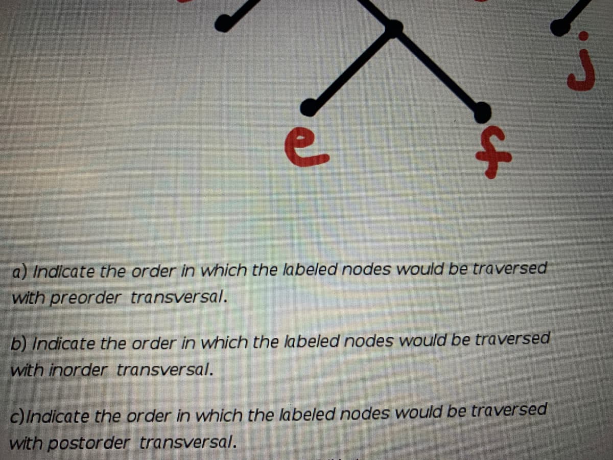 a) Indicate the order in which the labeled nodes would be traversed
with preorder transversal.
b) Indicate the order in which the labeled nodes would be traversed
with inorder transversal.
c) Indicate the order in which the labeled nodes would be traversed
with postorder transversal.
