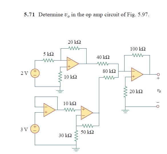 5.71 Determine v, in the op amp circuit of Fig. 5.97.
20 k2
100 k2
5 kQ
40 k2
2 V (*
80 k2
10 k2
20 k2
10 k2
ww
3 V
50 k2
30 k2
