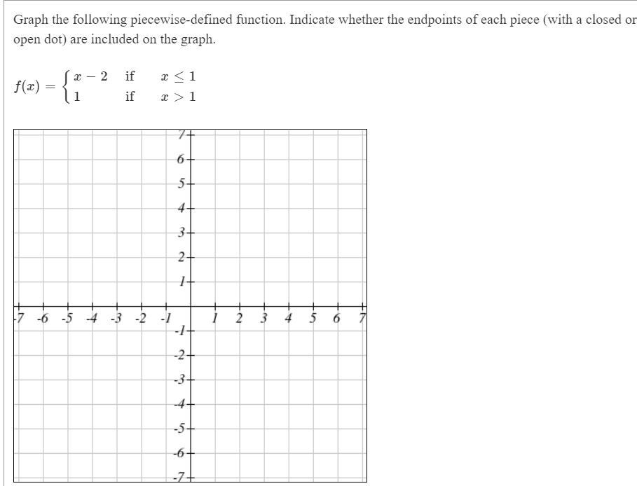 Graph the following piecewise-defined function. Indicate whether the endpoints of each piece (with a closed or
open dot) are included on the graph.
2 if
f(x)
if
1
7+
6-
5+
4+
3+
2+
|-7
5
-6 -5 4-3 -2 -1
2
4
6
-2+
-3+
-4+
-5+
-6
-7+
